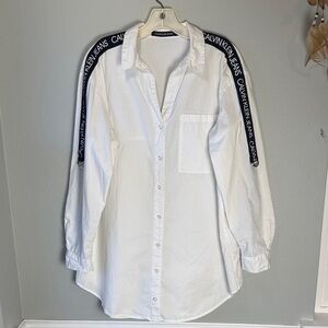 Calvin Klein Button Front White Shirt with Logo Stripes and adjustable sleeves